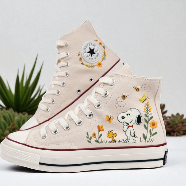 Cute Converse high-top shoes with Snoopy and floral embroidery designs for a stylish look