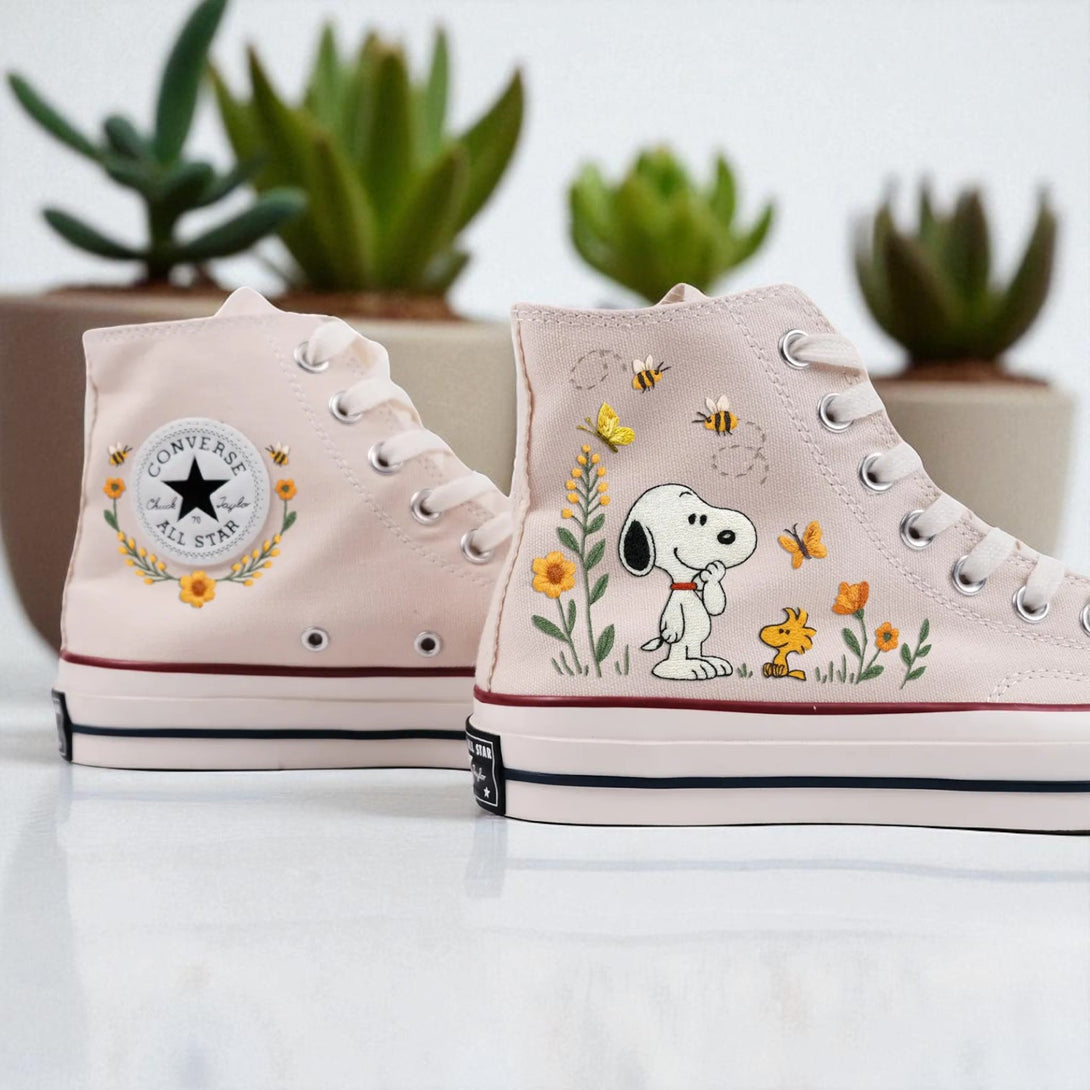 Cute Converse embroidered shoes featuring Snoopy and flowers in pastel pink design
