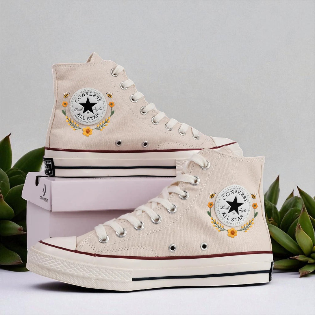 Cute Converse embroidered shoes in beige with floral designs, perfect for casual outfits