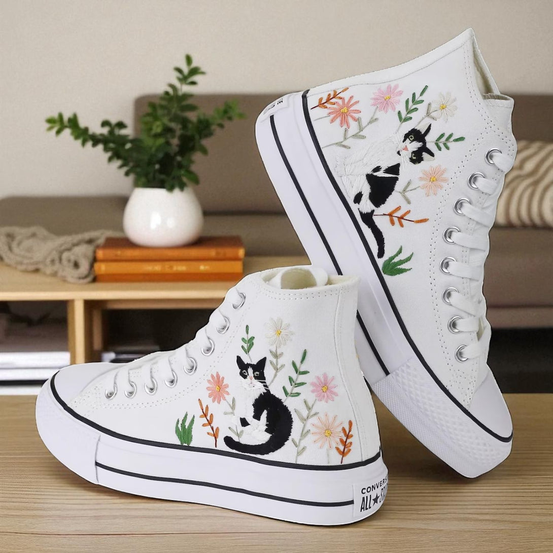 Cute Embroidered Converse high-top shoes with floral and cat design for a stylish look