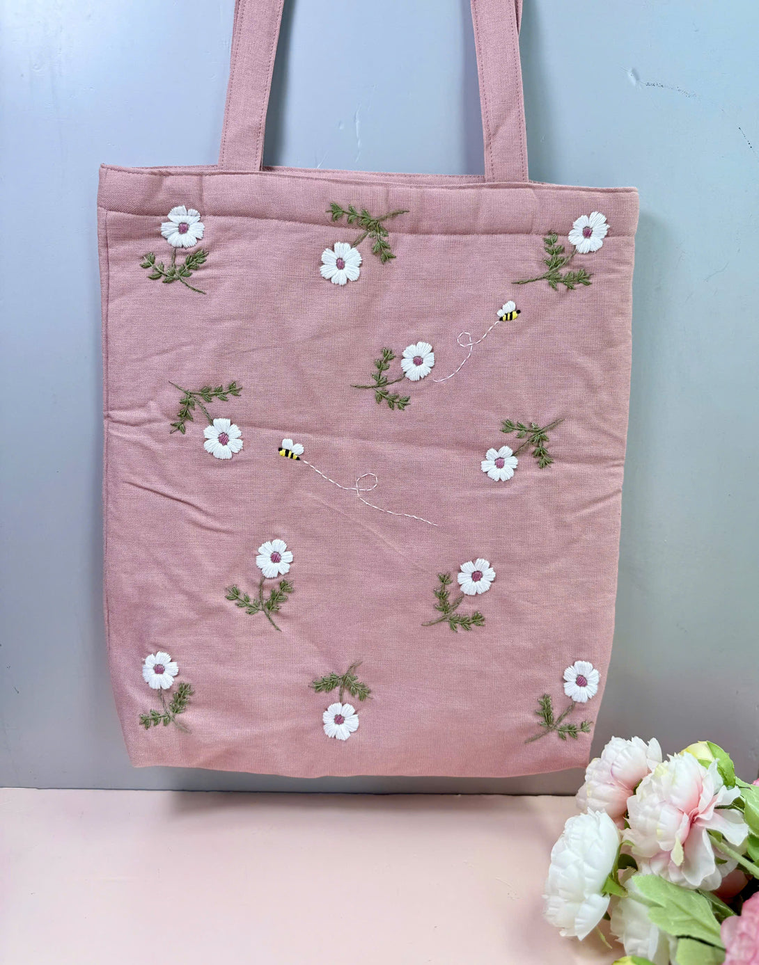 Stitchery Zone Daisy and Bee Embroidered Tote Bag in soft pink with floral and bee embroidery design