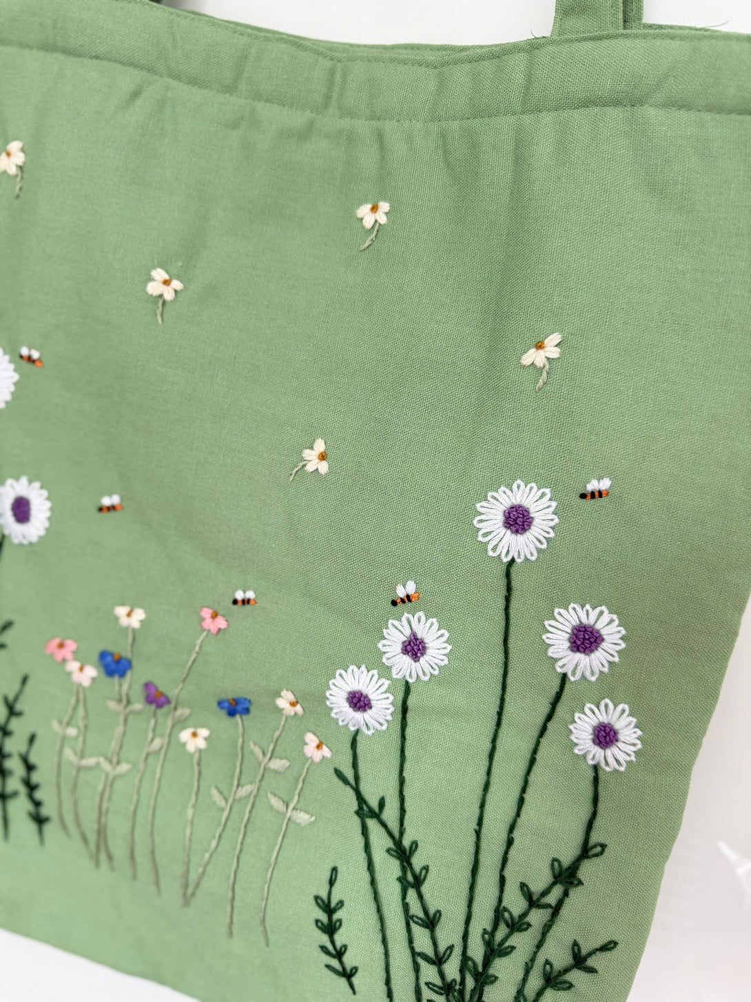 Green Daisy Embroidered Tote Bag by Stitchery Zone with detailed floral and bee embroidery design