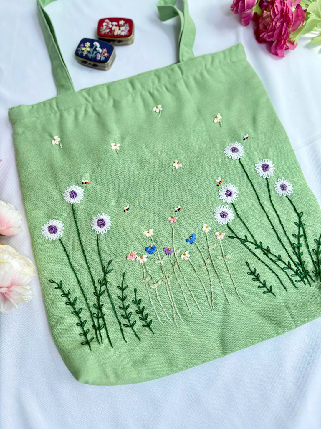 Stitchery Zone Daisy Embroidered Tote Bag in light green with floral embroidery and sturdy handles