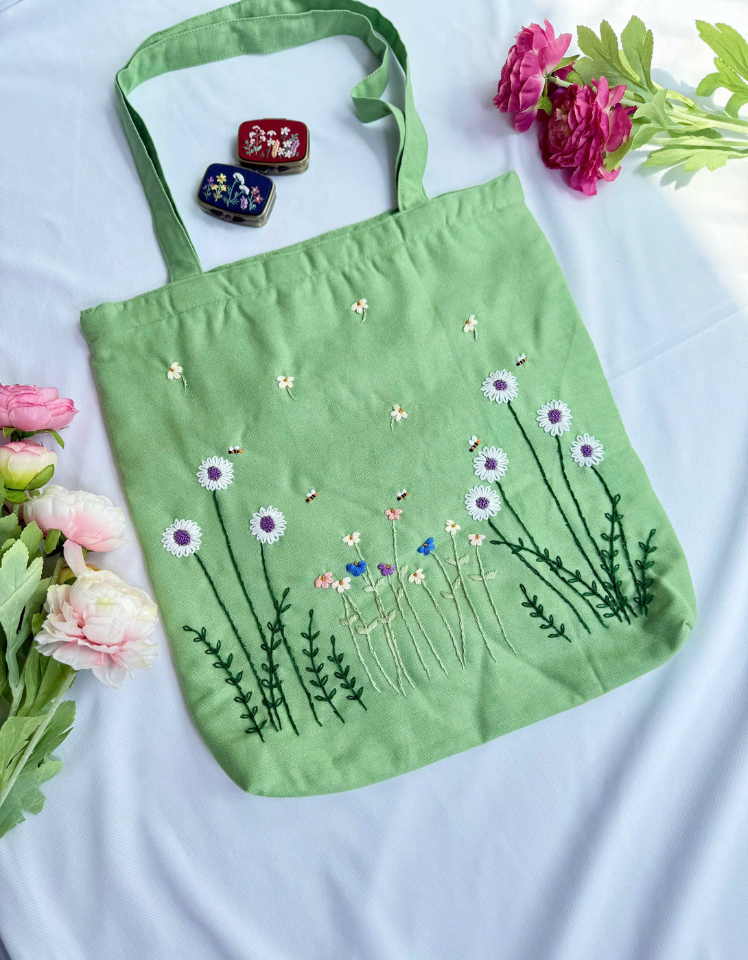Green Daisy Embroidered Tote Bag featuring delicate flower and bee designs from Stitchery Zone
