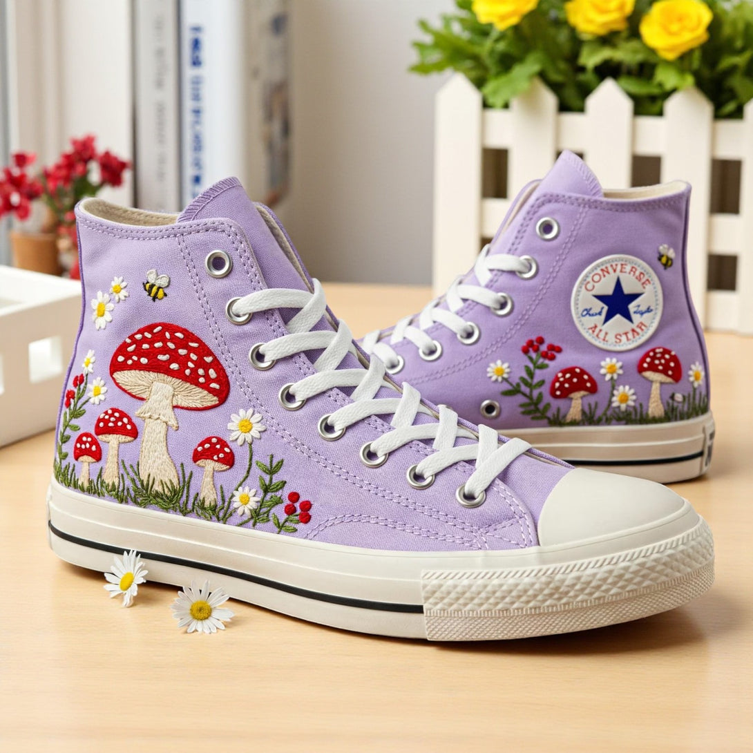 Embroidered Converse Mushroom High-Top Shoes in Lavender with Floral Design and Mushroom Details