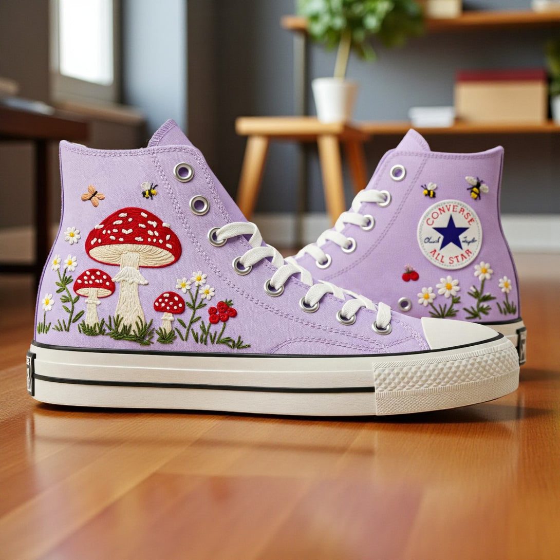 Embroidered Converse Mushroom High-Top Shoes Featuring Colorful Mushroom Designs