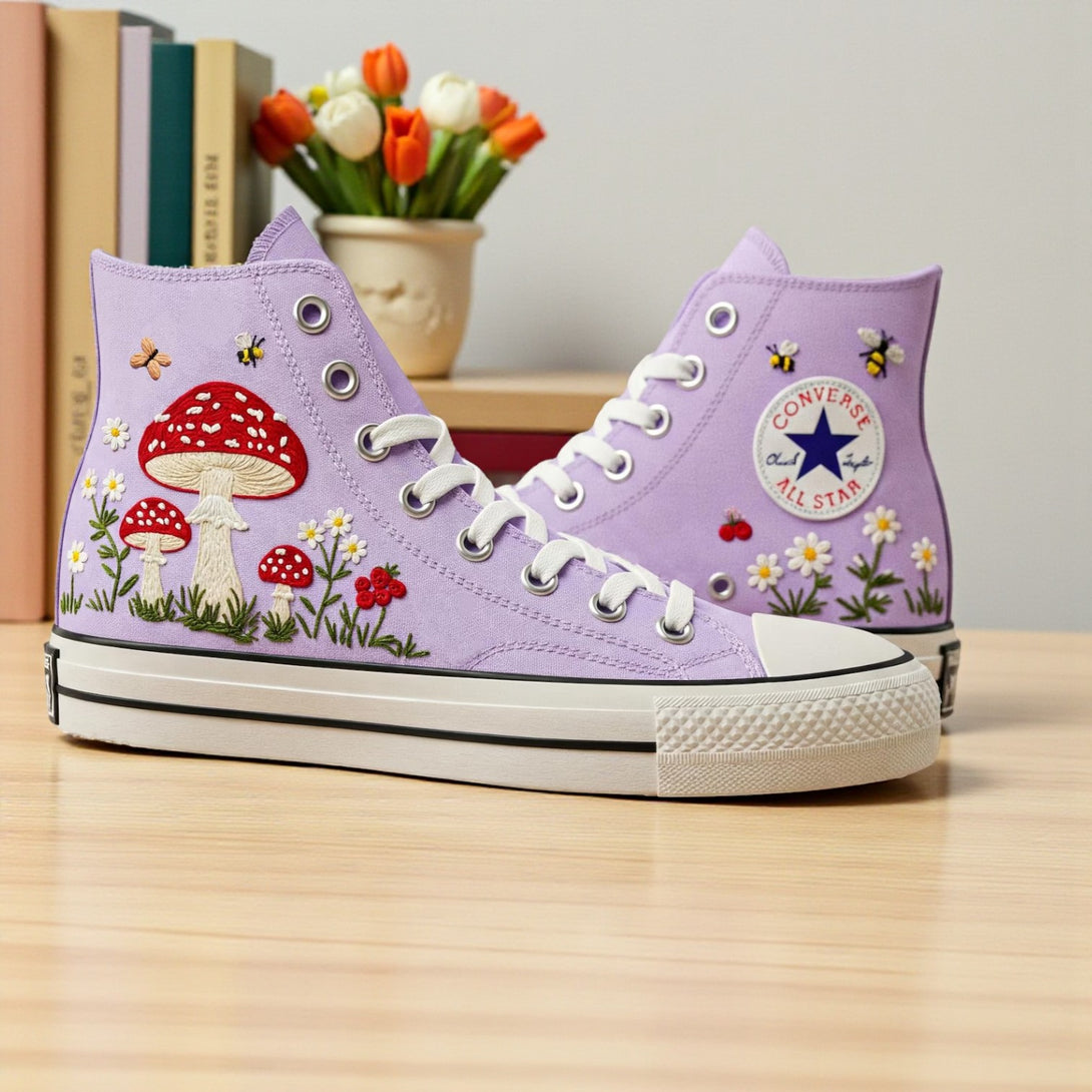 Embroidered Converse Mushroom high-top shoes with vibrant floral and mushroom designs