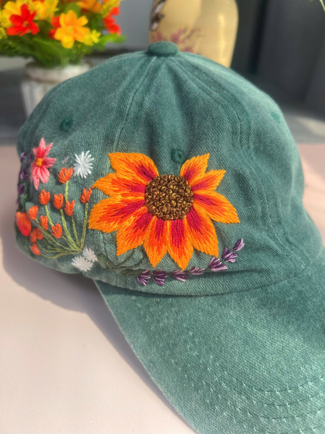 Stitchery Zone embroidered hat with bright floral design perfect gift for flower lovers hat
