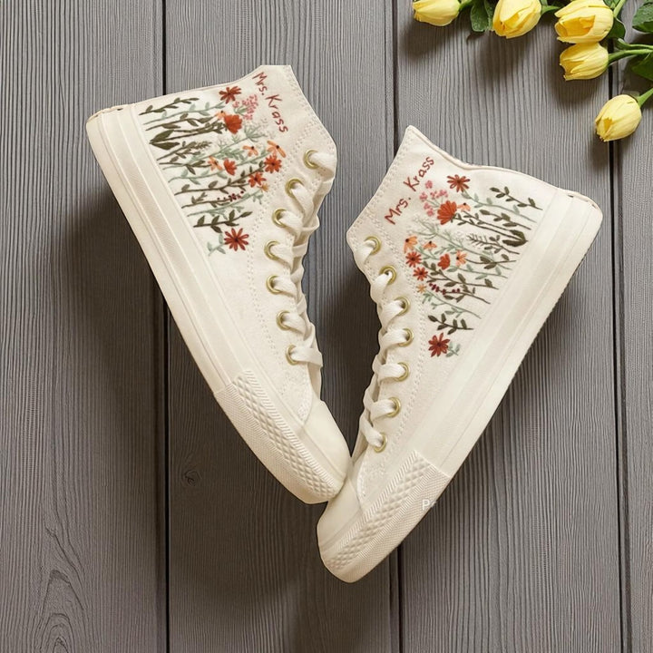 Stitchery Zone embroidered wedding reception shoes in white canvas with floral design and high-top style