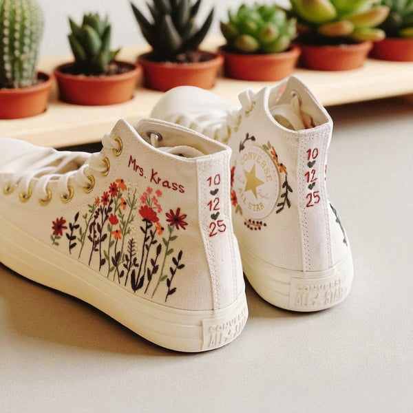 Stitchery Zone embroidered wedding reception shoes white high-top sneakers with floral design and custom text