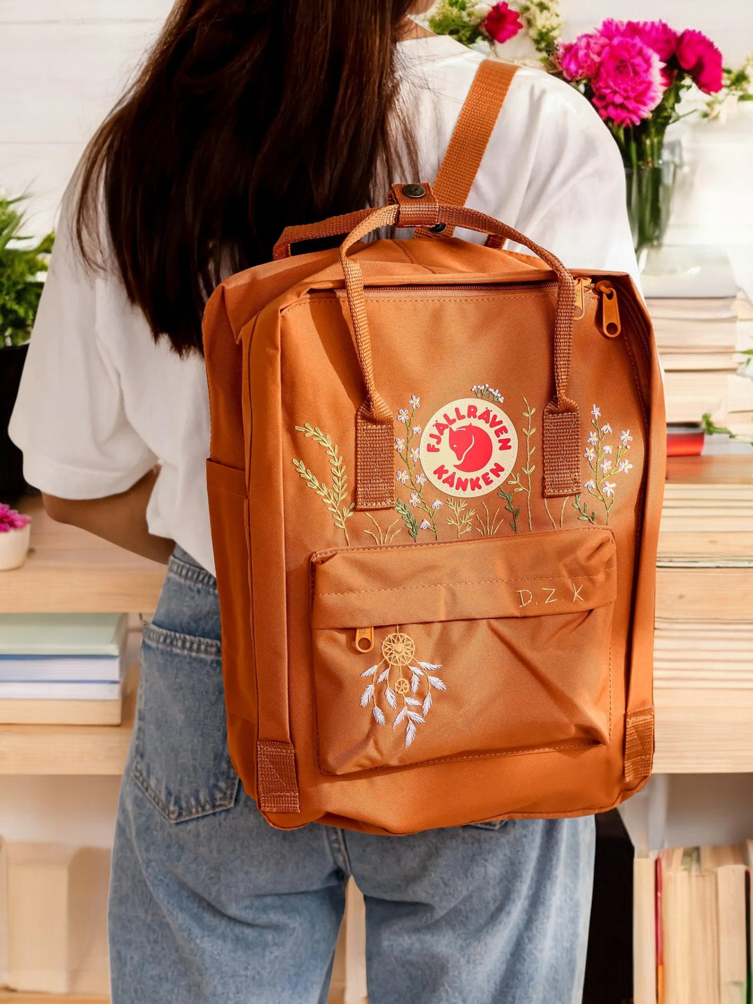 Stitchery Zone Back to School Backpacks in Brown with Floral Embroidery and Adjustable Straps