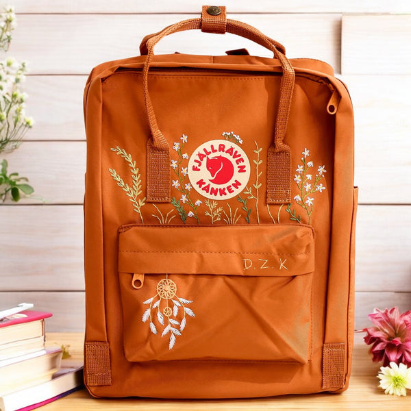 Kånken Backpack in Burnt Orange with Floral Design, Perfect for Back to School Backpacks