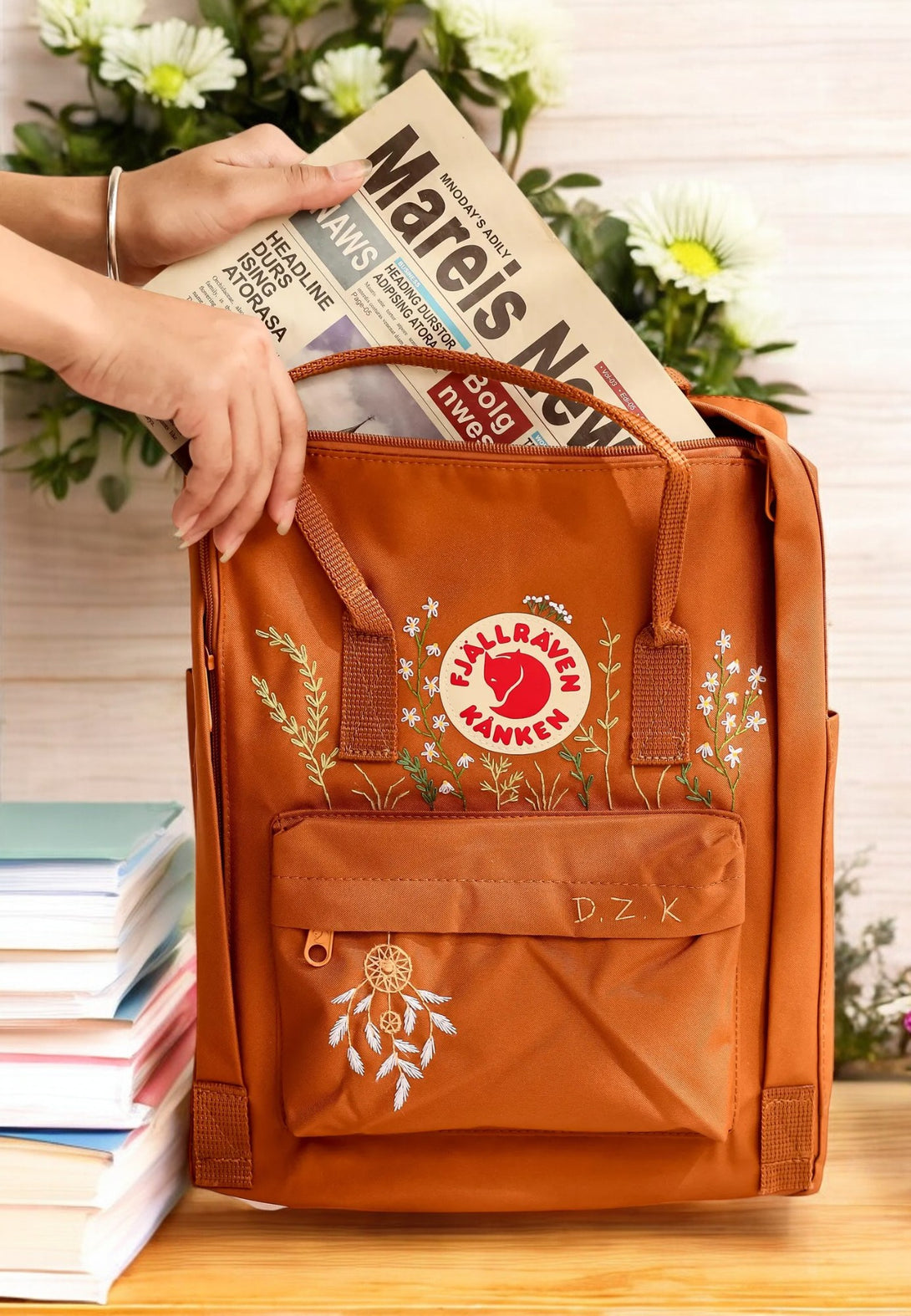 Stitchery Zone embroidered brown backpack for back to school backpacks with floral design and multiple pockets