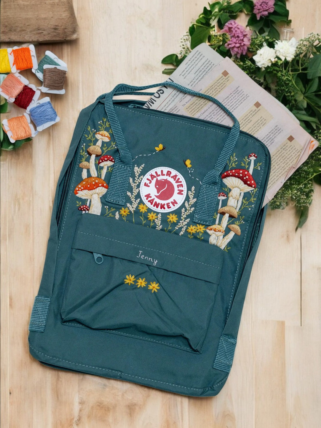 Stitchery Zone embroidered backpack in teal featuring mushrooms, perfect for backpacks for school