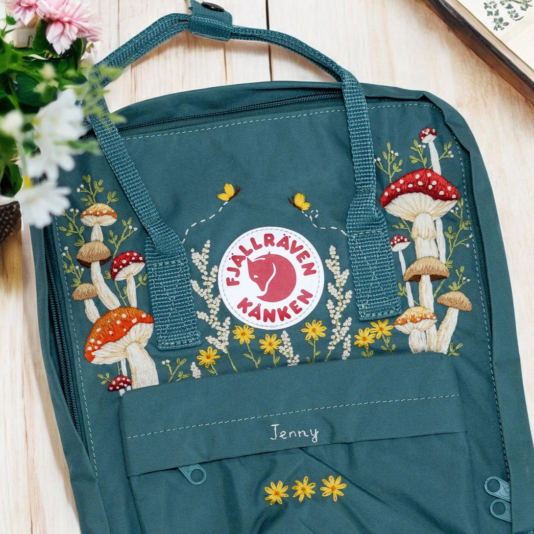 Fjallraven Kanken Backpack with Colorful Mushroom Embroidery, Great for Backpacks for School