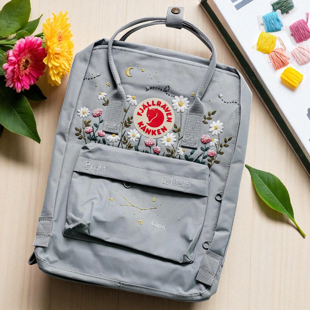 Light gray Fjallraven Kanken Laptop Backpack with red logo patch embroidered daisies stars front pocket and top handles