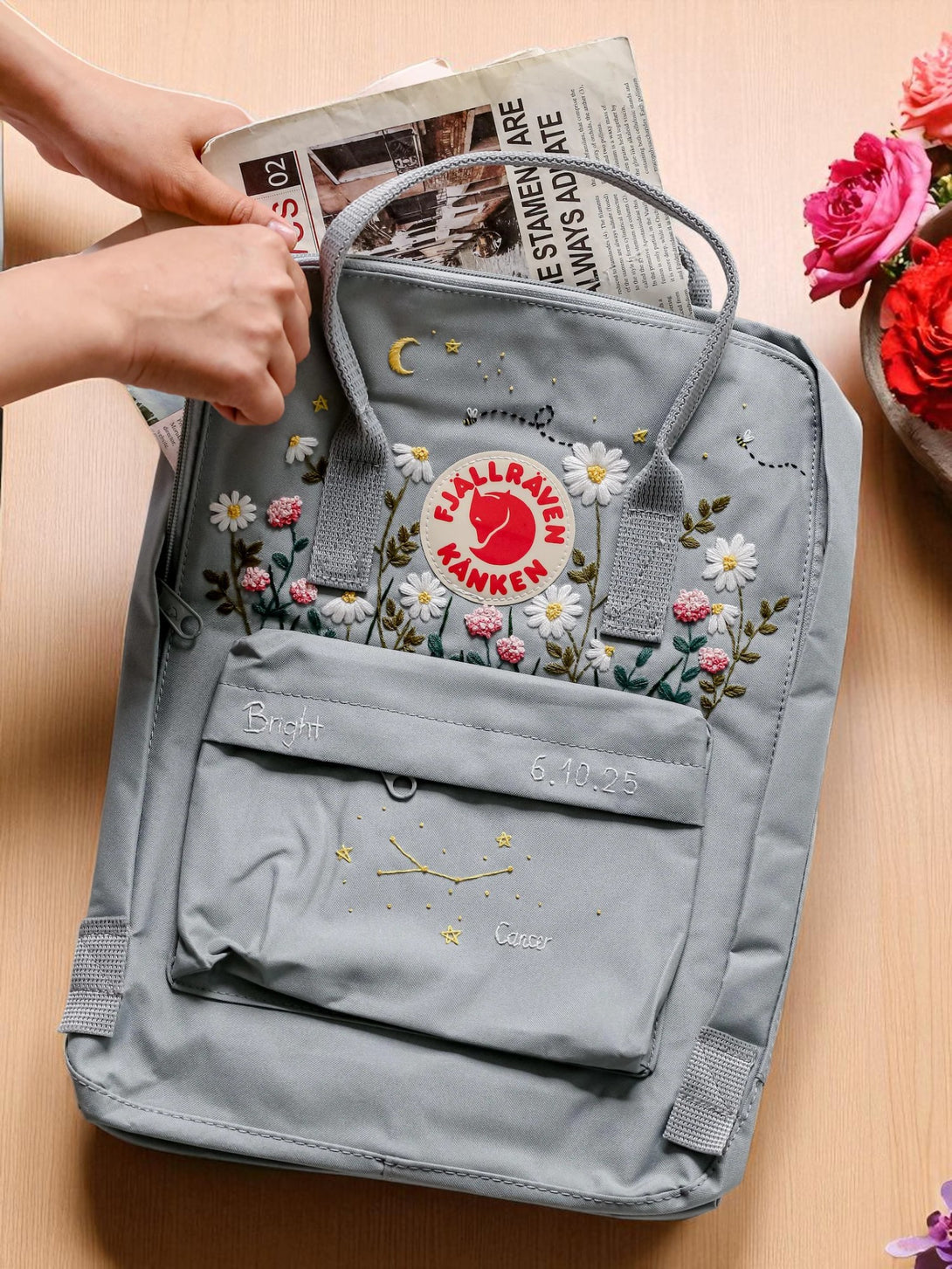 Fjallraven Kanken Laptop Backpack light gray with embroidered daisies red logo front pocket and top handles
