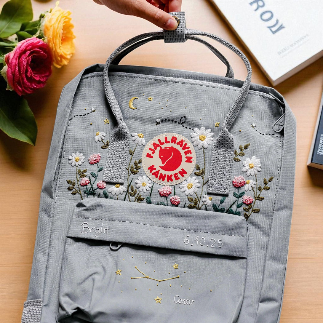 Stitchery Zone Fjallraven Kanken Laptop Backpack gray with embroidered daisies red logo top handles and front pocket