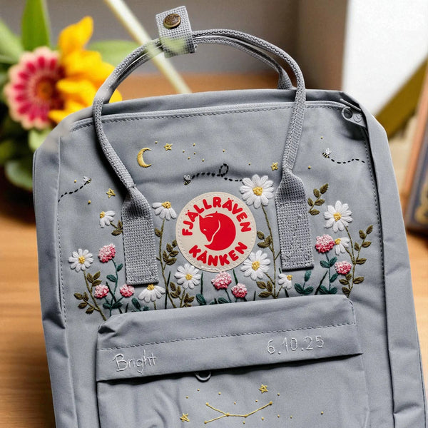Stitchery Zone Fjallraven Kanken Laptop Backpack gray with embroidered daisies red logo patch top handles