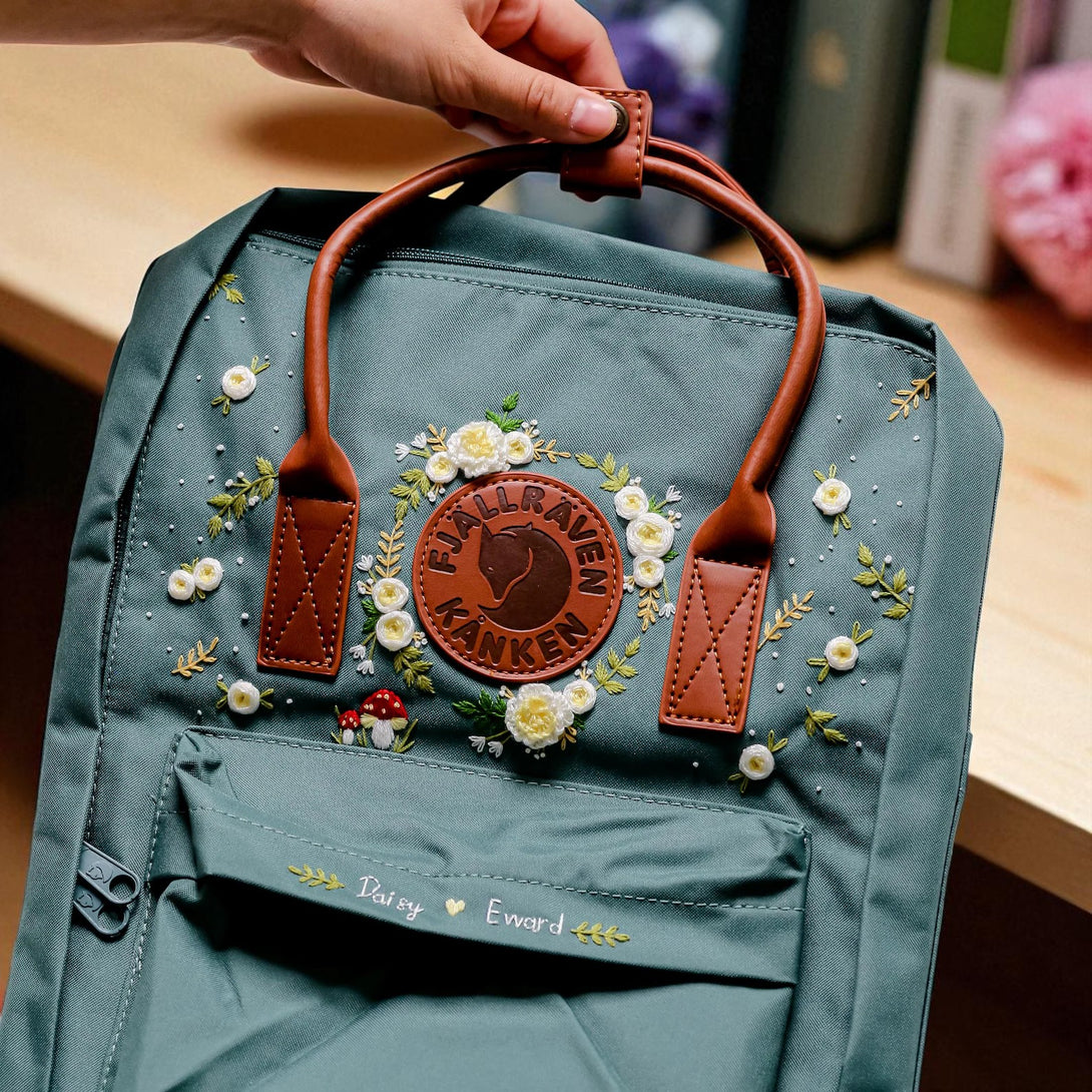 Stitchery Zone Fjallraven Mini Kanken Backpack teal with leather handles and embroidered white flowers