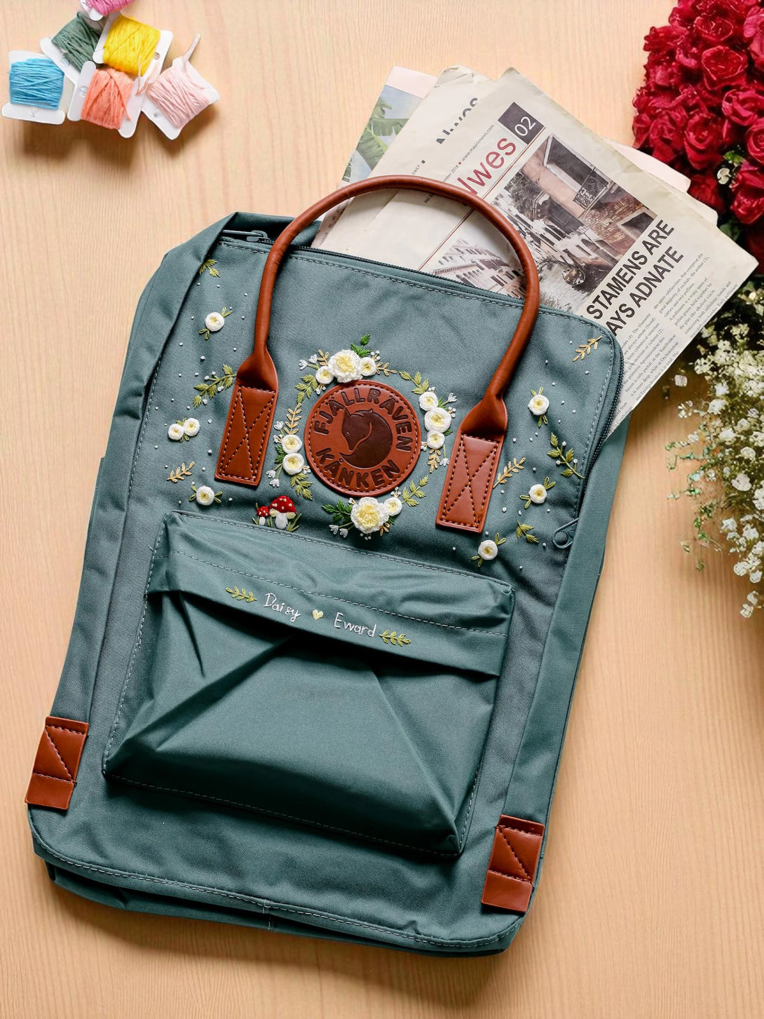 Stitchery Zone Fjallraven Mini Kanken Backpack embroidered floral design teal with leather handles and front pocket