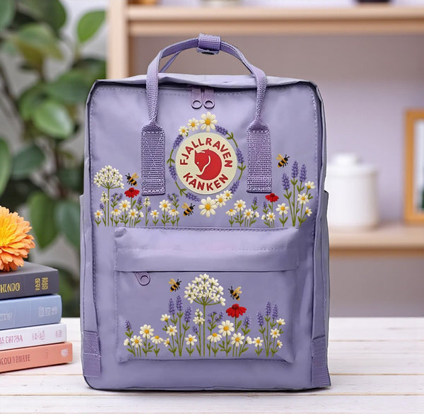 Stitchery Zone purple girls backpacks for school with floral design and front pocket