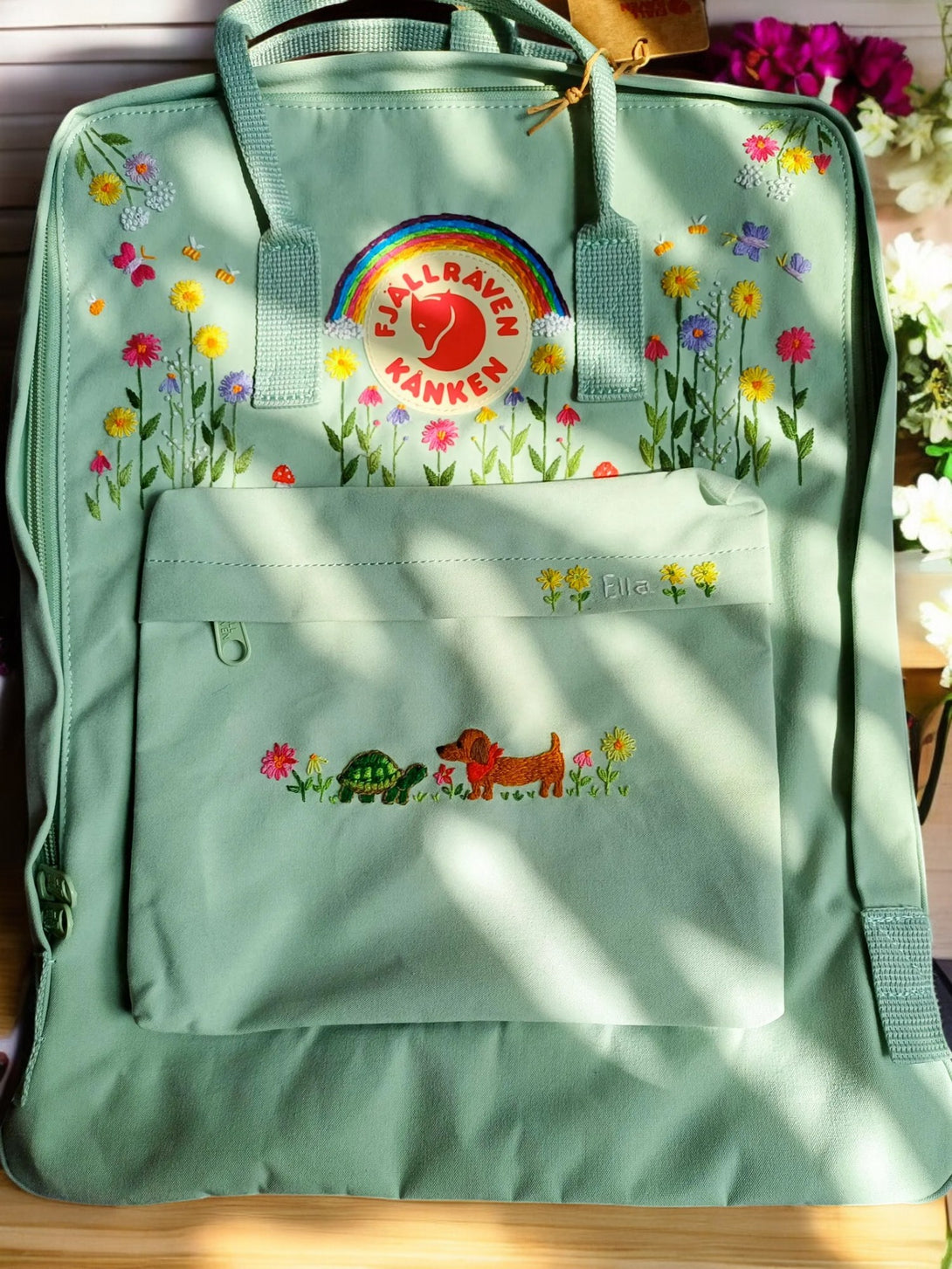 Green Fjallraven Kanken Backpack for School with Floral Embroidery and Front Pocket