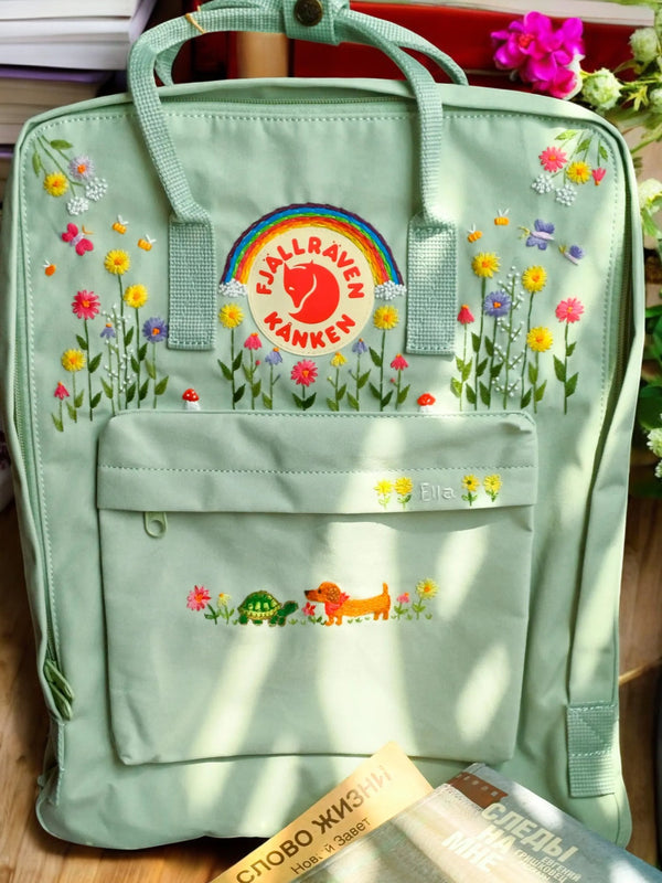 Stitchery Zone green backpack for school with floral embroidery and front pocket