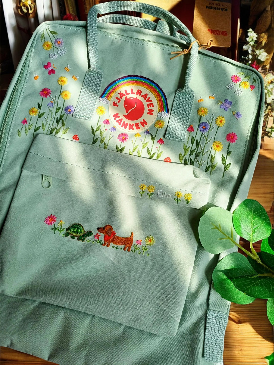 Stitchery Zone Fjallraven Kanken backpack for school with floral embroidery and spacious front pocket