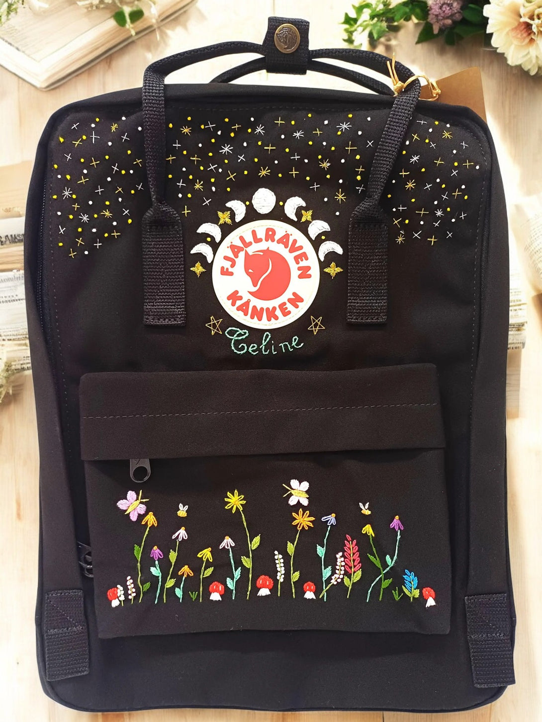 Stitchery Zone Fjallraven Kanken backpack laptop with colorful floral embroidery and moon designs