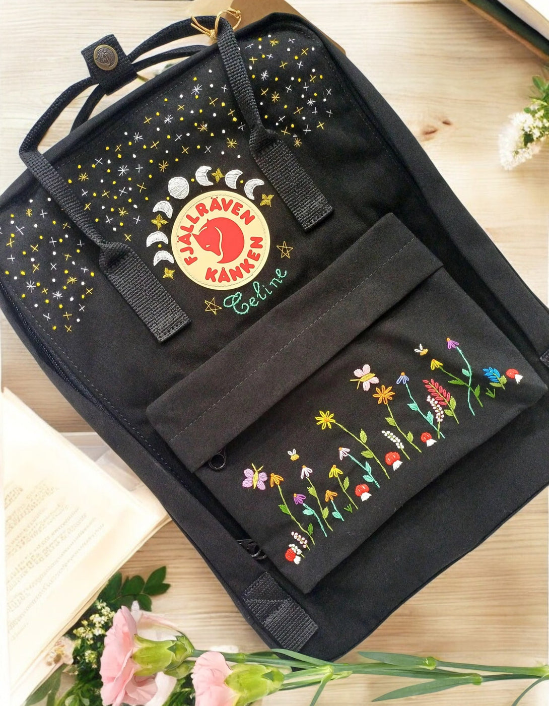Fjallraven Kanken backpack laptop with unique floral embroidery and classic logo design