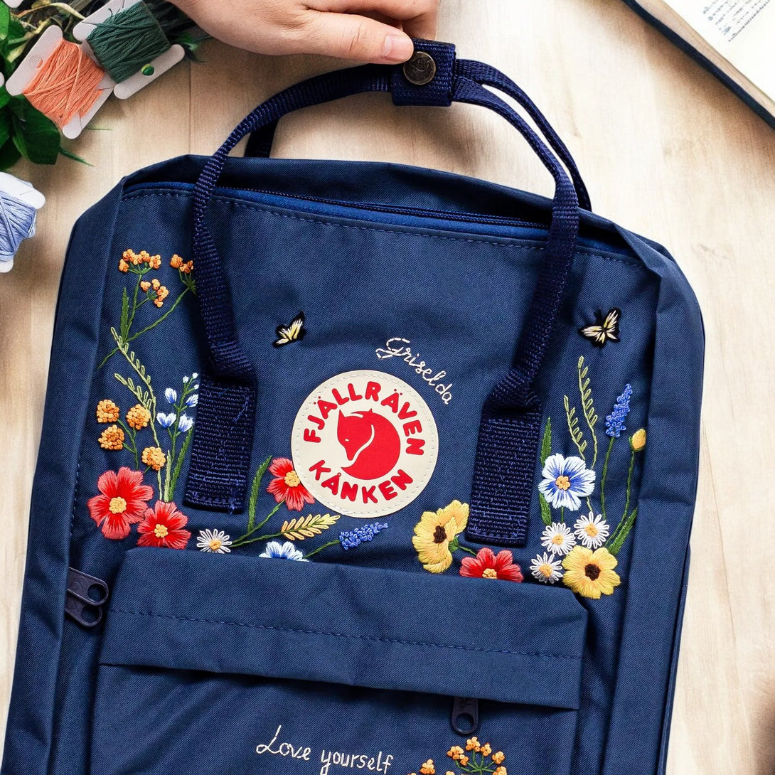 Embroidered Fjällräven Kanken backpack laptop with floral design and adjustable straps