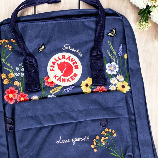 Stitchery Zone Kanken backpack laptop with floral embroidery and padded straps for comfort