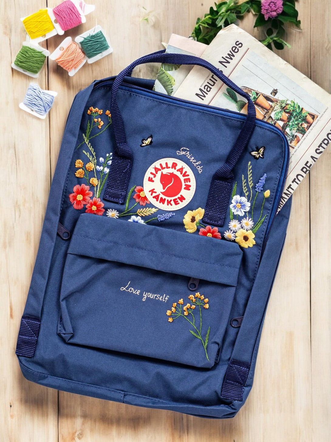 Stitchery Zone Kanken backpack laptop with floral embroidery and front pocket for casual style