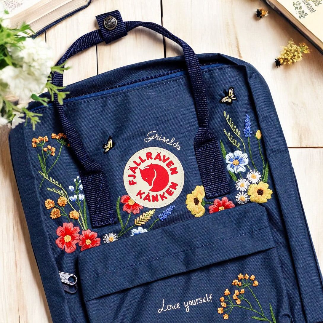 Stitchery Zone Kanken backpack laptop with floral embroidery design and front pocket for accessories