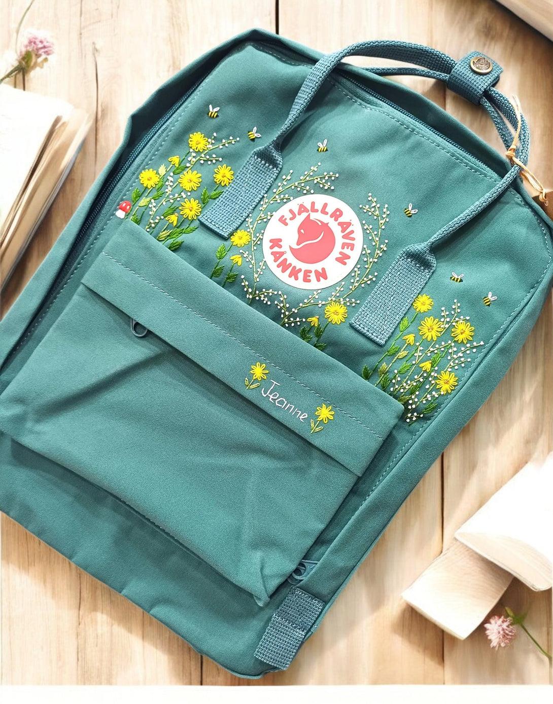 Fjallraven Kanken Laptop 15 Backpack in green with floral design and front pocket
