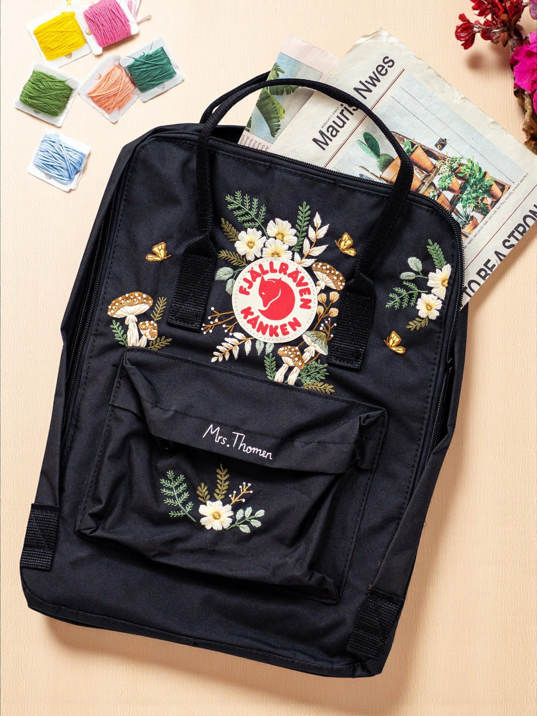 Fjallraven Kanken Laptop 15 Backpack with Floral Embroidery for Stylish and Functional Use