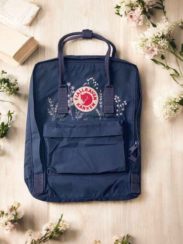 Fjallraven Kanken Laptop 17 Backpack in Navy with Floral Embroidery Design for Stylish Carrying