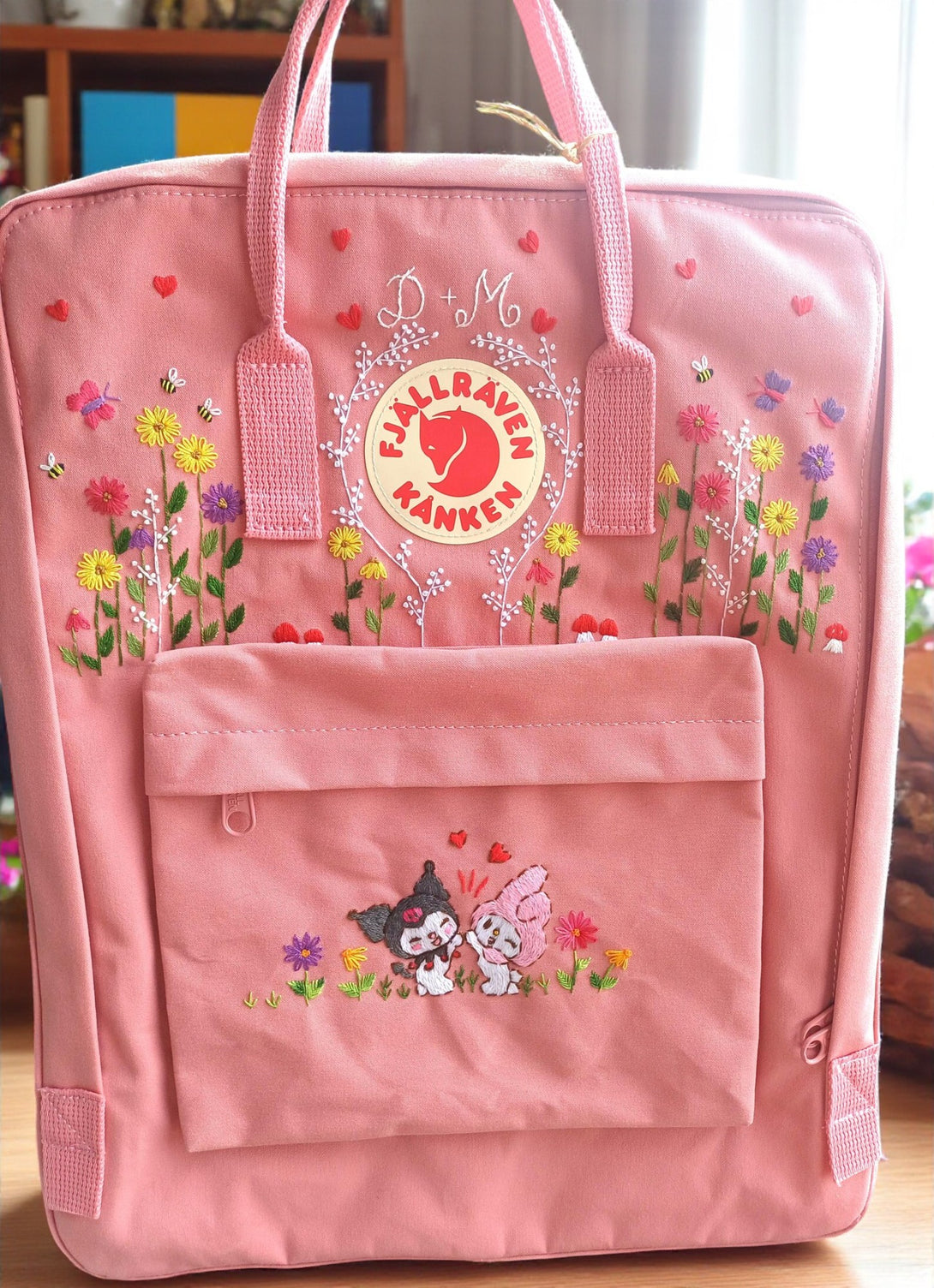 Pink Kanken laptop backpack by Stitchery Zone featuring cute floral embroidery and front pocket design