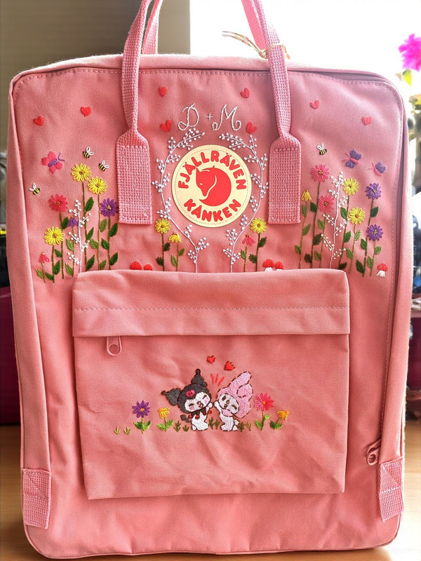 Stitchery Zone Kanken Laptop Backpack in Pink with Flower Embroidery and Cute Animal Design