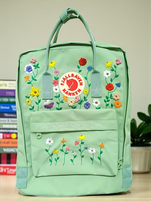 Stitchery Zone Fjallraven Kanken laptop backpack with floral embroidery and sturdy handles