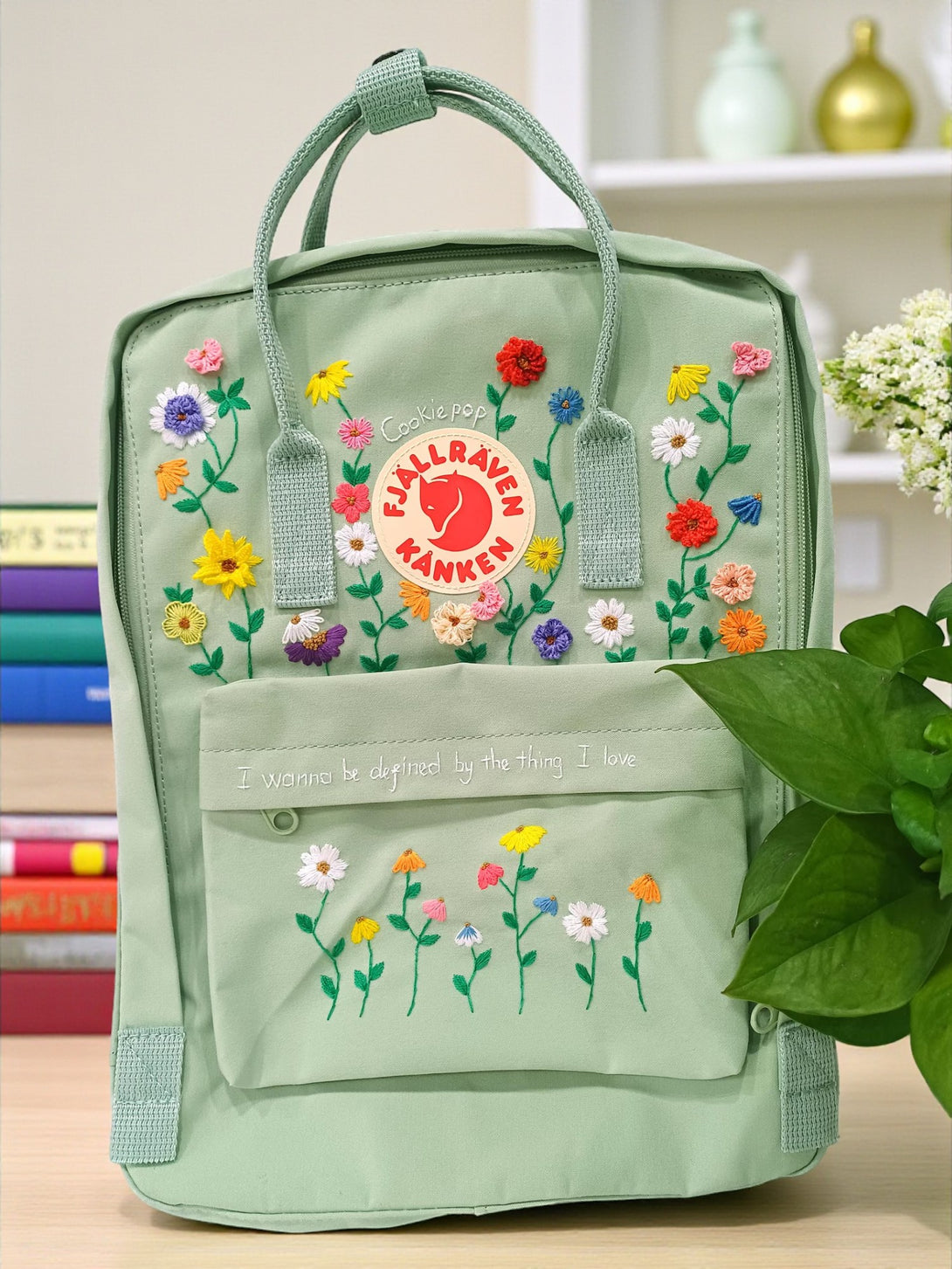 Stitchery Zone Fjallraven Kanken Laptop Backpack in green with floral embroidery design