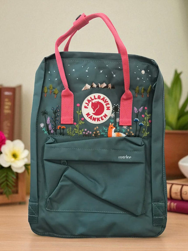 Stitchery Zone Laptop Backpack green floral print with pink handles front zip pocket for daily commuting
