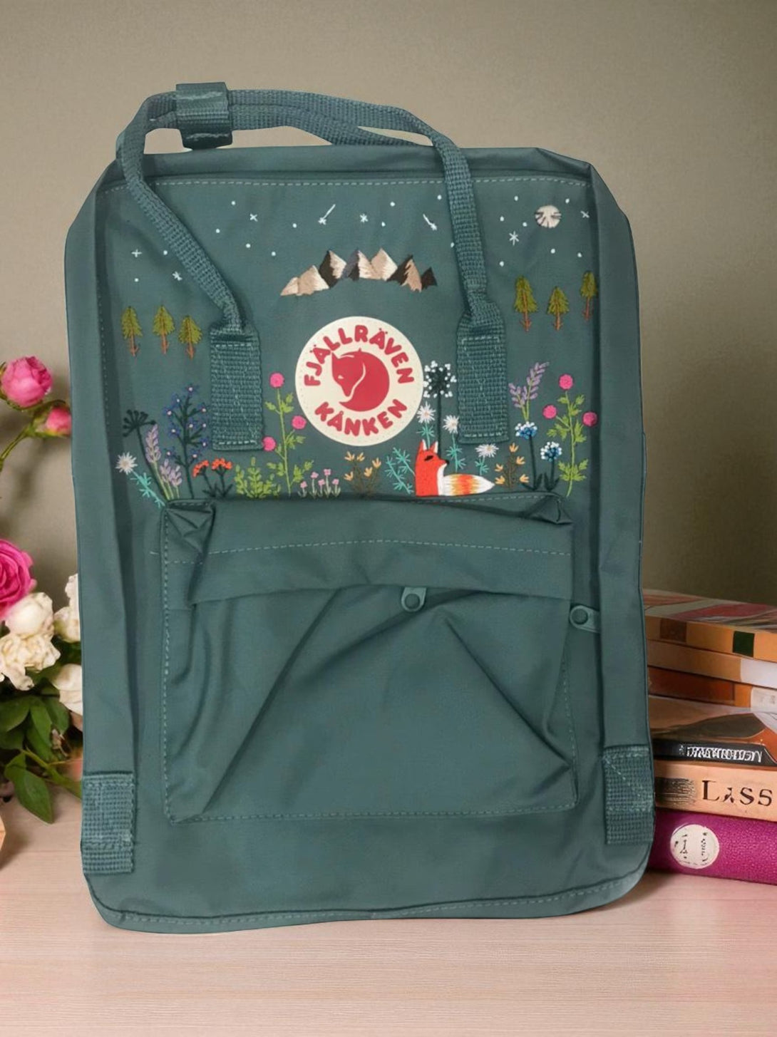 Stitchery Zone Laptop Backpack in teal with forest fox and mountain floral print, top handles and front pocket