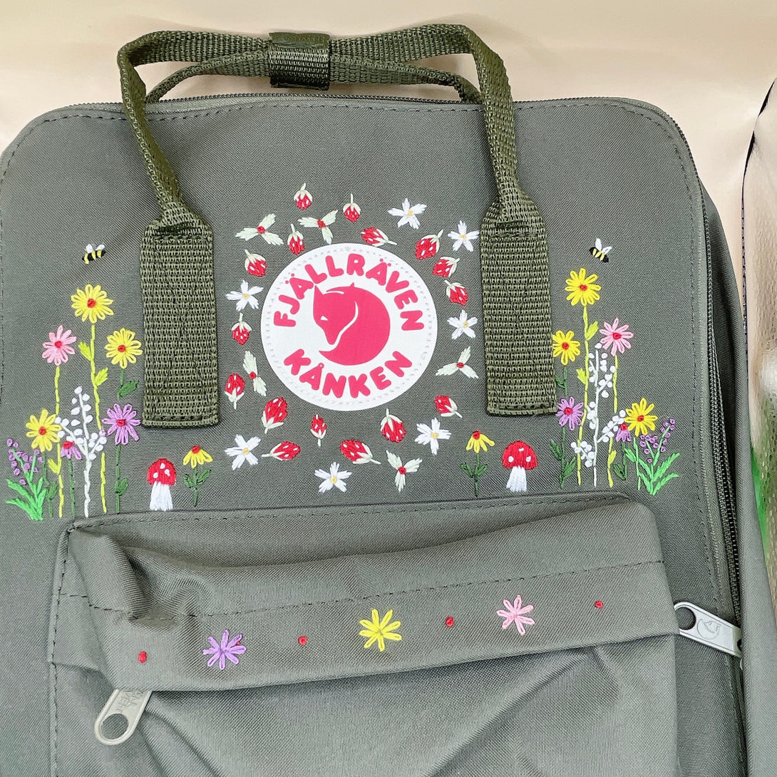 Stitchery Zone unique floral backpack for school with colorful embroidered flowers and green straps