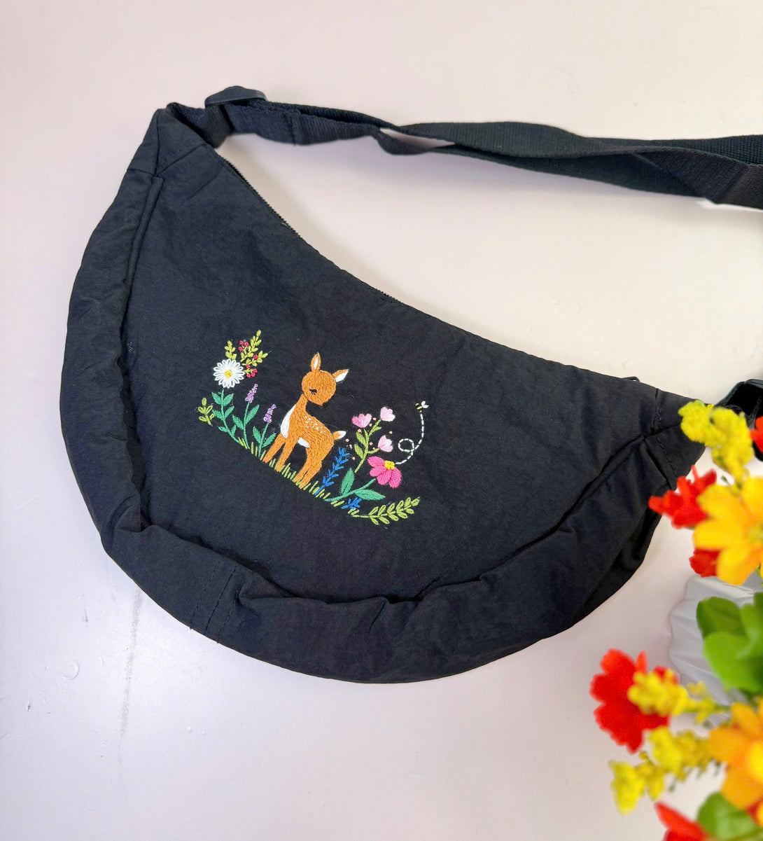 Stitchery Zone Flower Garden Hand Embroidered Cross Bag in black with deer and floral design