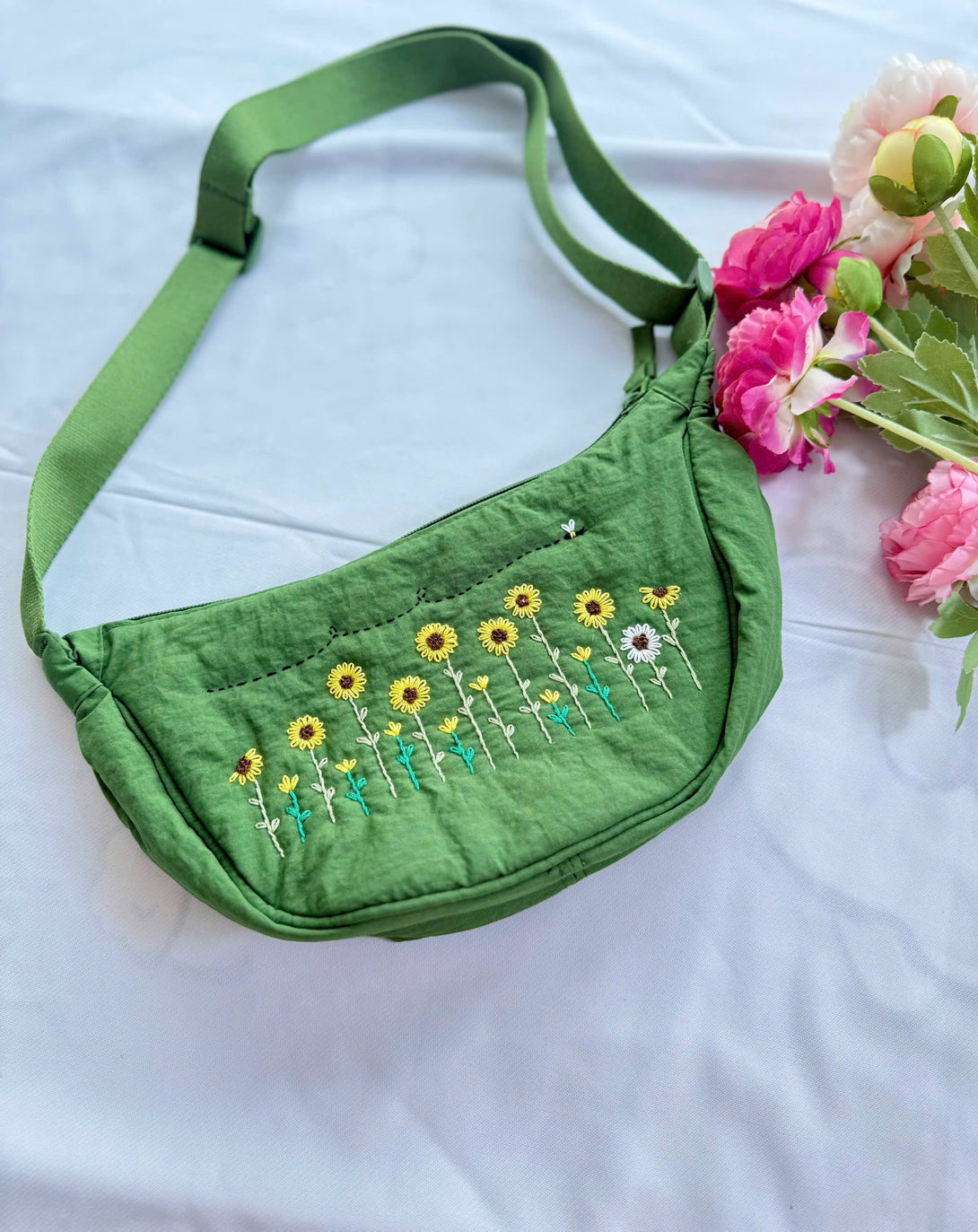 Flower Garden Hand Embroidered Cross Bag in green with sunflower embroidery and adjustable strap by Stitchery Zone