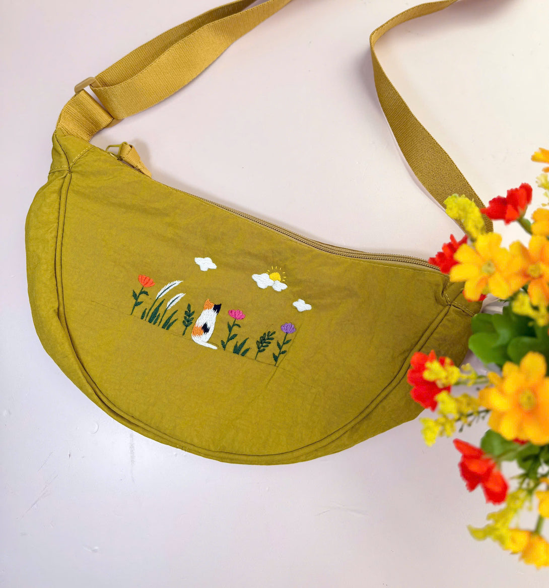 Flower Garden Hand Embroidered Cross Bag by Stitchery Zone in mustard color with floral and cat design