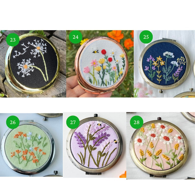 Wild flower Embroidered Compact Mirror Comes With a Drawstring Bag - Stitchery Zone