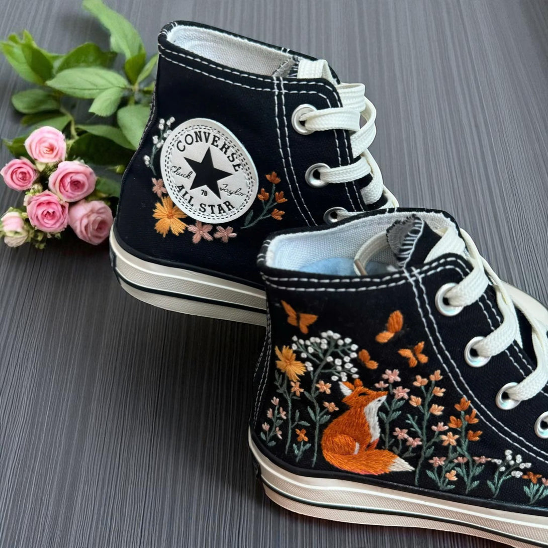 Stitchery Zone Fox Embroidered Sneakers black high-top shoes with floral and fox embroidery